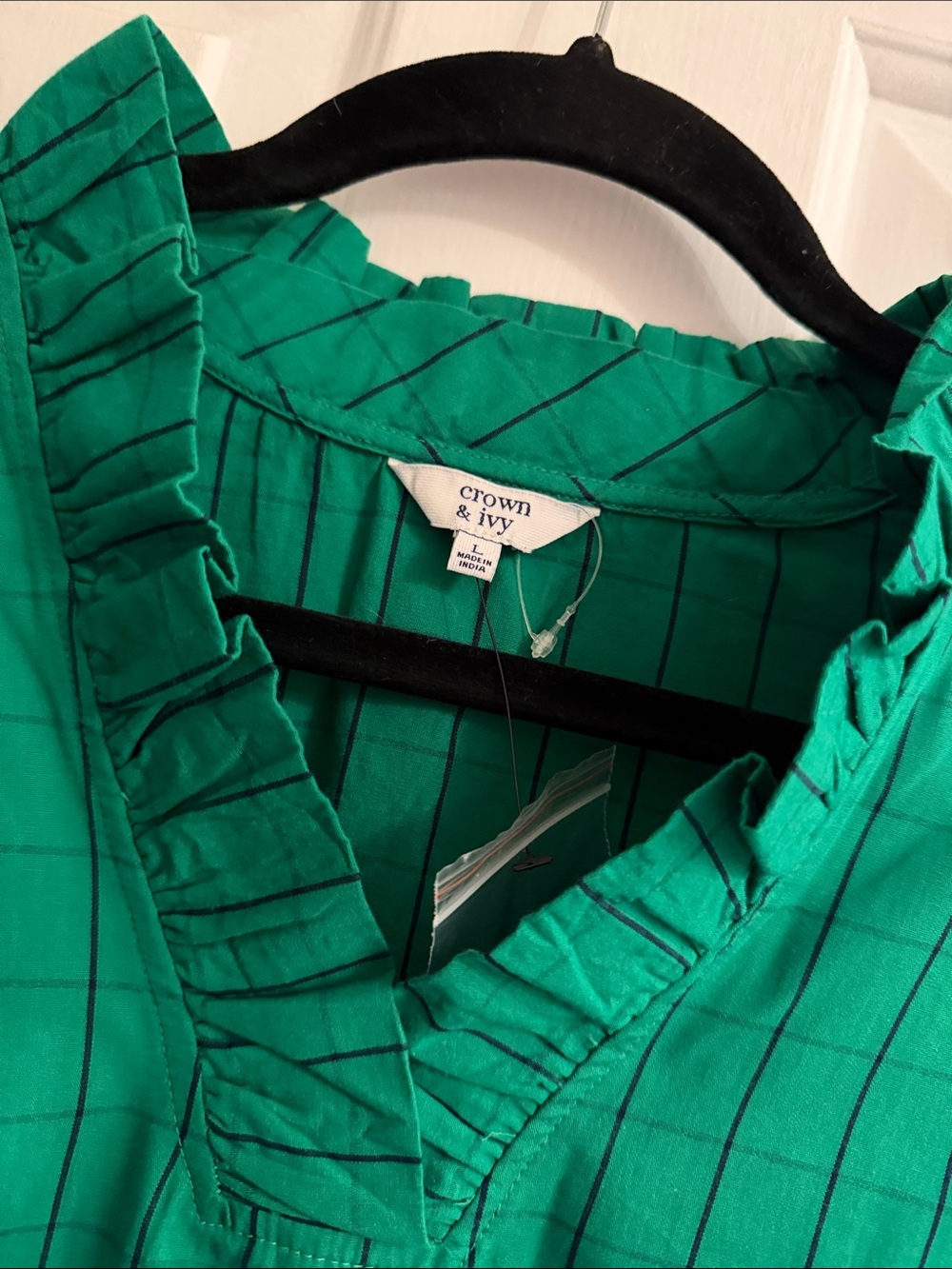 crown & ivy Emerald Green Windowpane Ruffle V-Neck Blouse - Picture 2 of 3